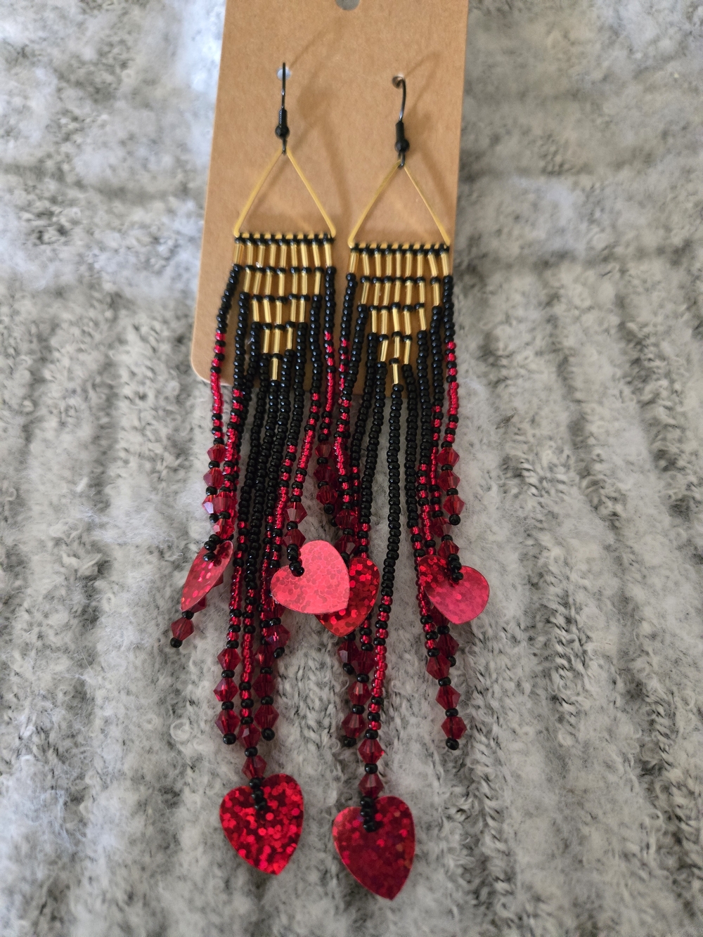 Red Holographic Hearts, Beaded Fringe Earrings